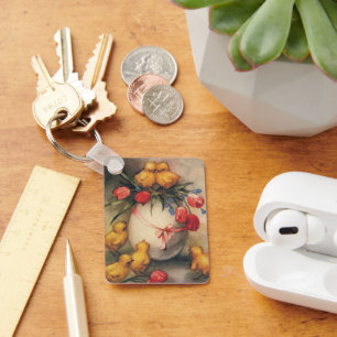 Vintage Easter Chicks with Red Tulip Flowers Key Ring