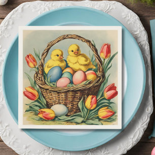 Vintage Easter Chicks with tulips Napkin