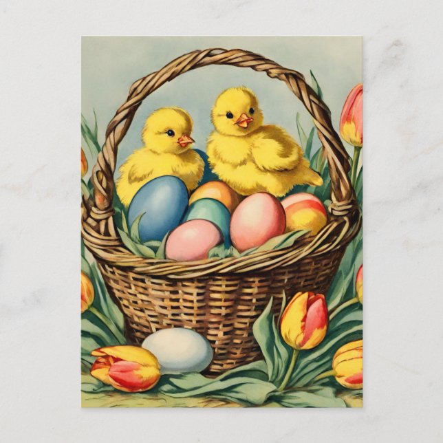   Vintage  Easter  Chicks with tulips  Postcard (Front)