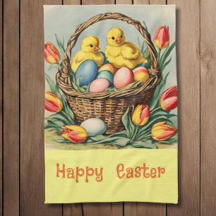 Vintage Easter Chicks with tulips Tea Towel