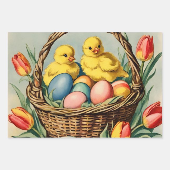  Vintage  Easter  Chicks with tulips  Wrapping Paper Sheet (Front)