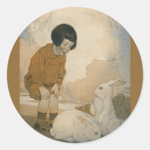 Vintage Easter, Child Playing White Bunny Rabbits Classic Round Sticker