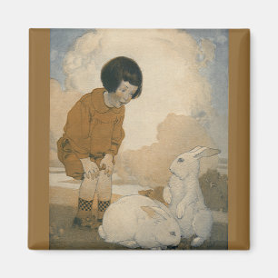 Vintage Easter, Child Playing White Bunny Rabbits Magnet