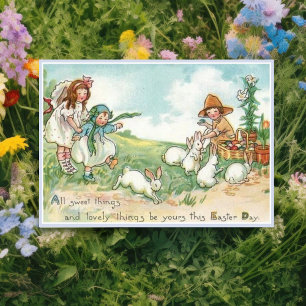 Vintage Easter Children and Easter Bunnies Holiday Card