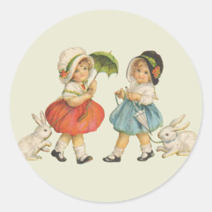 Vintage Easter Children Rabbits Bonnets Antique Classic Round Sticker