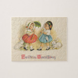 Vintage Easter Children Rabbits Bonnets Antique Jigsaw Puzzle