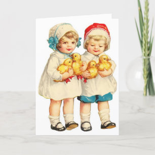 Vintage Easter - Children with Fuzzy Ducklings, Holiday Card
