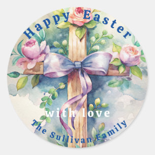 Vintage Easter Church Cross Flowers.  Classic Round Sticker