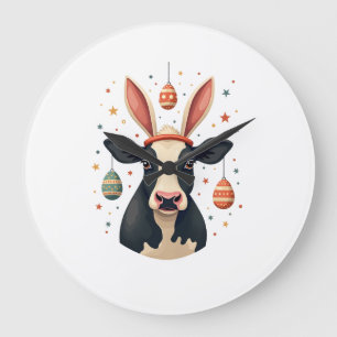 Vintage Easter Cow Bunny Ears Cute Farm Animal Egg Large Clock