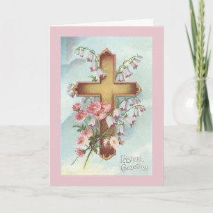 Vintage Easter Crucifix with Pink Flowers, Holiday Card