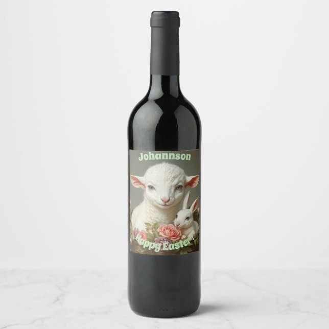 Vintage Easter Custom Personalise Lamb & Bunny  Wine Label (Front)