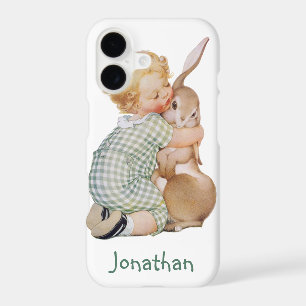 Vintage Easter, Cute Boy Child with Bunny Rabbit