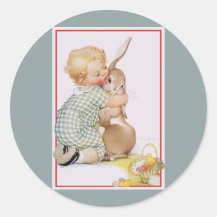 Vintage Easter, Cute Boy Child with Bunny Rabbit Classic Round Sticker