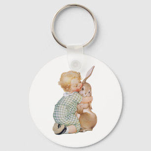 Vintage Easter, Cute Boy Child with Bunny Rabbit Key Ring