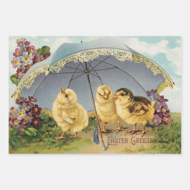 Vintage Easter Cute Chicks under a Parasol Wrapping Paper Sheet (Front)