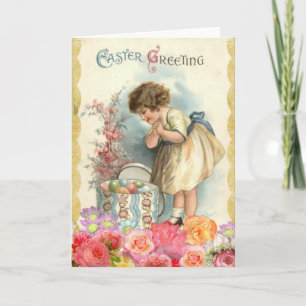 Vintage Easter Cute Girl Eggs Holiday Card