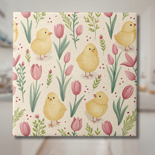 Vintage Easter Cute Yellow Chicks Red Tulips Ceramic Tile