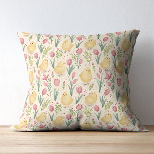 Vintage Easter Cute Yellow Chicks Red Tulips Cushion
