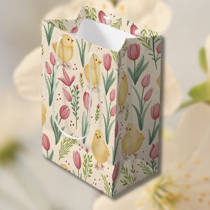 Vintage Easter Cute Yellow Chicks Red Tulips Medium Gift Bag