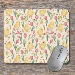 Vintage Easter Cute Yellow Chicks Red Tulips Mouse Pad