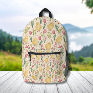 Vintage Easter Cute Yellow Chicks Red Tulips Printed Backpack