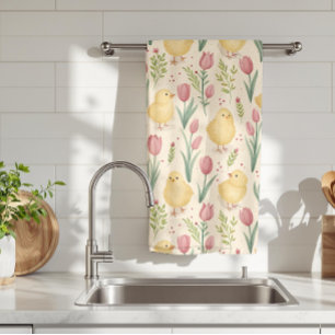 Vintage Easter Cute Yellow Chicks Red Tulips Tea Towel