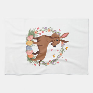 Vintage Easter Dachshund Bunny Dog with Floral Egg Tea Towel