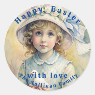 Vintage Easter Dove Girl Flowers. Classic Round Sticker