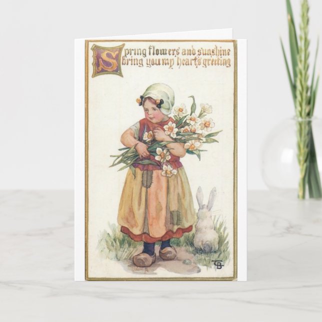 Vintage Easter - Dutch Girl with Daffodils, Holiday Card (Front)