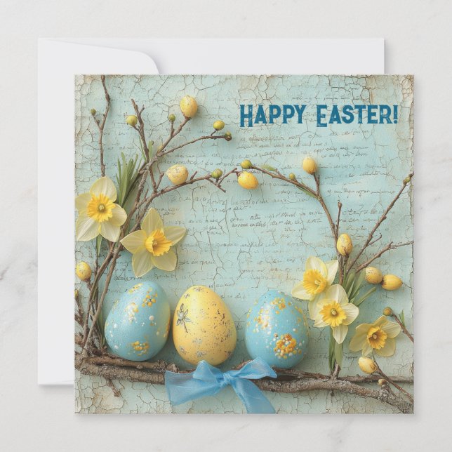 Vintage Easter eggs and yellow daffodils Holiday Card (Front)