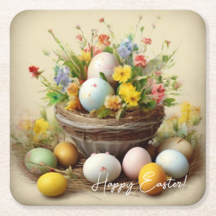 Vintage Easter Eggs, Nest and White Daffodils Square Paper Coaster