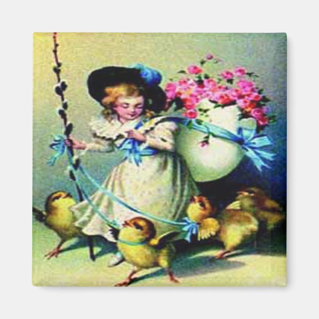 Vintage Easter Girl and Baby Chicks Magnet (Front)