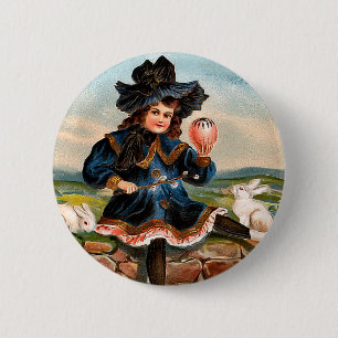 Vintage Easter Girl and Bunnies Round Button