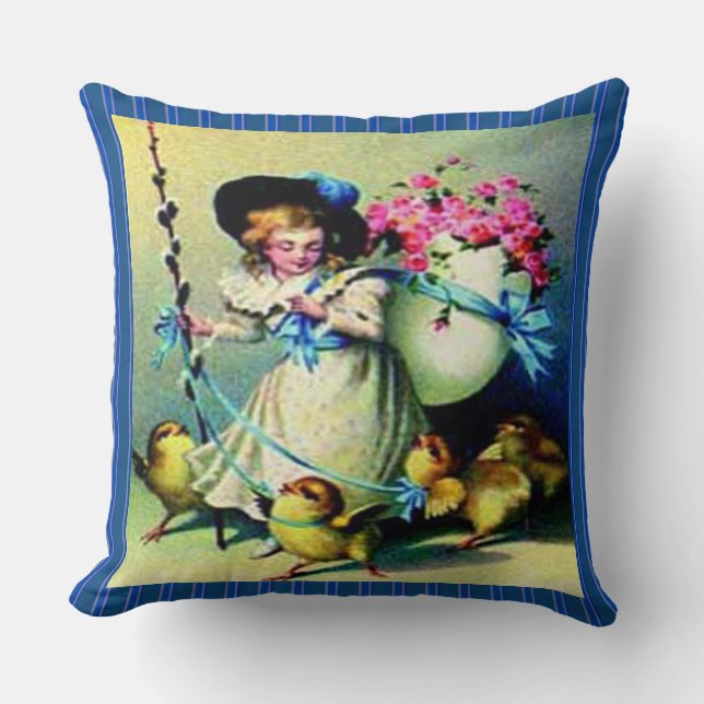 Vintage Easter Girl, Baby Chicks & Stripes , ZSSG Cushion (Front)