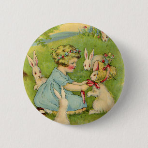Vintage Easter, Girl Bonnet on Bunny Rabbit 6 Cm Round Badge