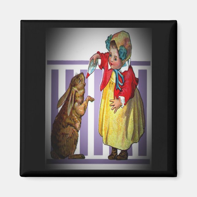 Vintage Easter Girl Feeding a Rabbit, ZSSG Magnet (Front)