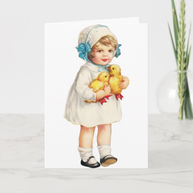 Vintage Easter - Girl with Ducklings, Holiday Card (Front)