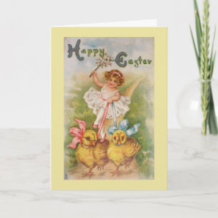 Vintage Easter Girl & Yellow Chicks, Holiday Card