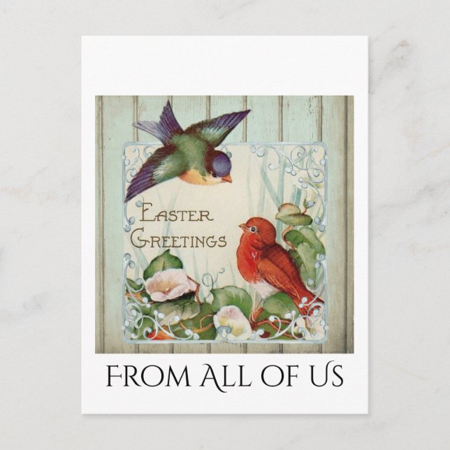 Vintage Easter Greetings Birds Nest Rustic Fence Postcard (Front)