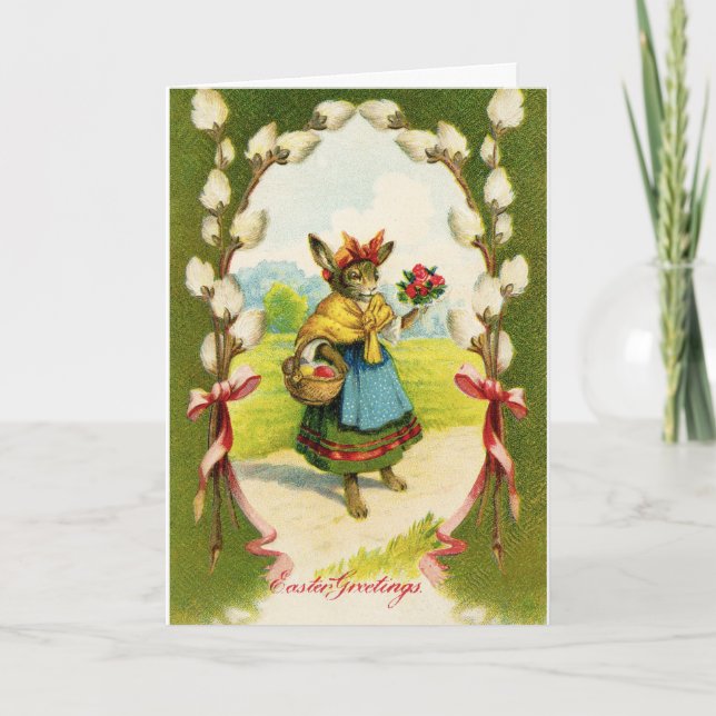 Vintage Easter Greetings Bunny Holiday Card (Front)