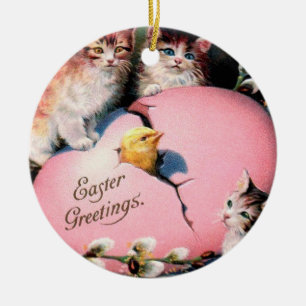 Vintage Easter Greetings Cats Chick and Easter Egg Ceramic Ornament