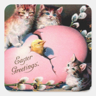 Vintage Easter Greetings Cats Chick and Easter Egg Square Sticker
