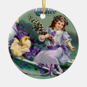 Vintage Easter Greetings Girl Egg Chick Carriage Ceramic Ornament