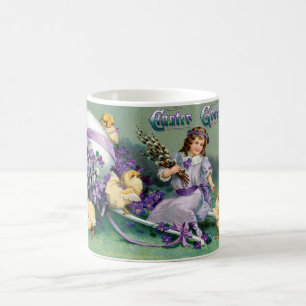 Vintage Easter Greetings Girl Egg Chick Carriage Coffee Mug