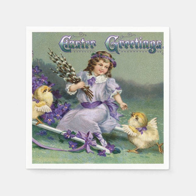 Vintage Easter Greetings Girl Egg Chick Carriage Napkin (Front)
