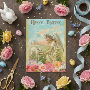Vintage Easter Greetings Spring Angel Lamb Postcard