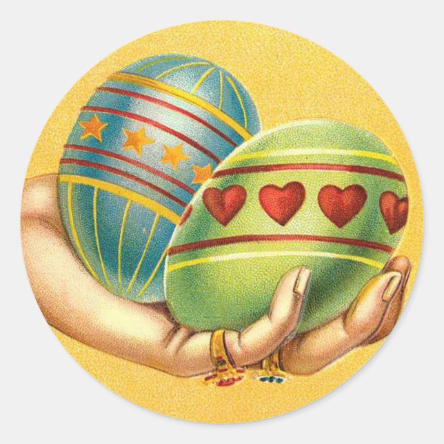 Vintage Easter Greetings with Eggs Classic Round Sticker (Front)