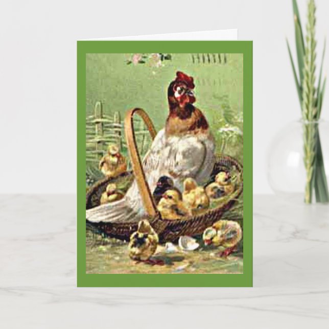 Vintage Easter Hen and Chicks in Basket Card (Front)