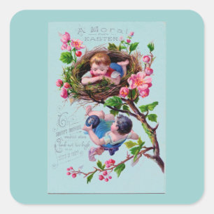 Vintage Easter Illustration in Blue Square Sticker