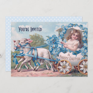 Vintage Easter Illustration with Girl and Lambs Invitation